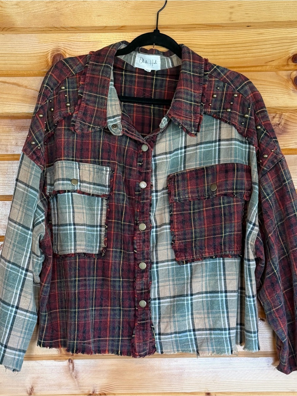 Oli & Hali Distressed Two-Tone Plaid Button-Down Shirt Jacket - Red & Cream